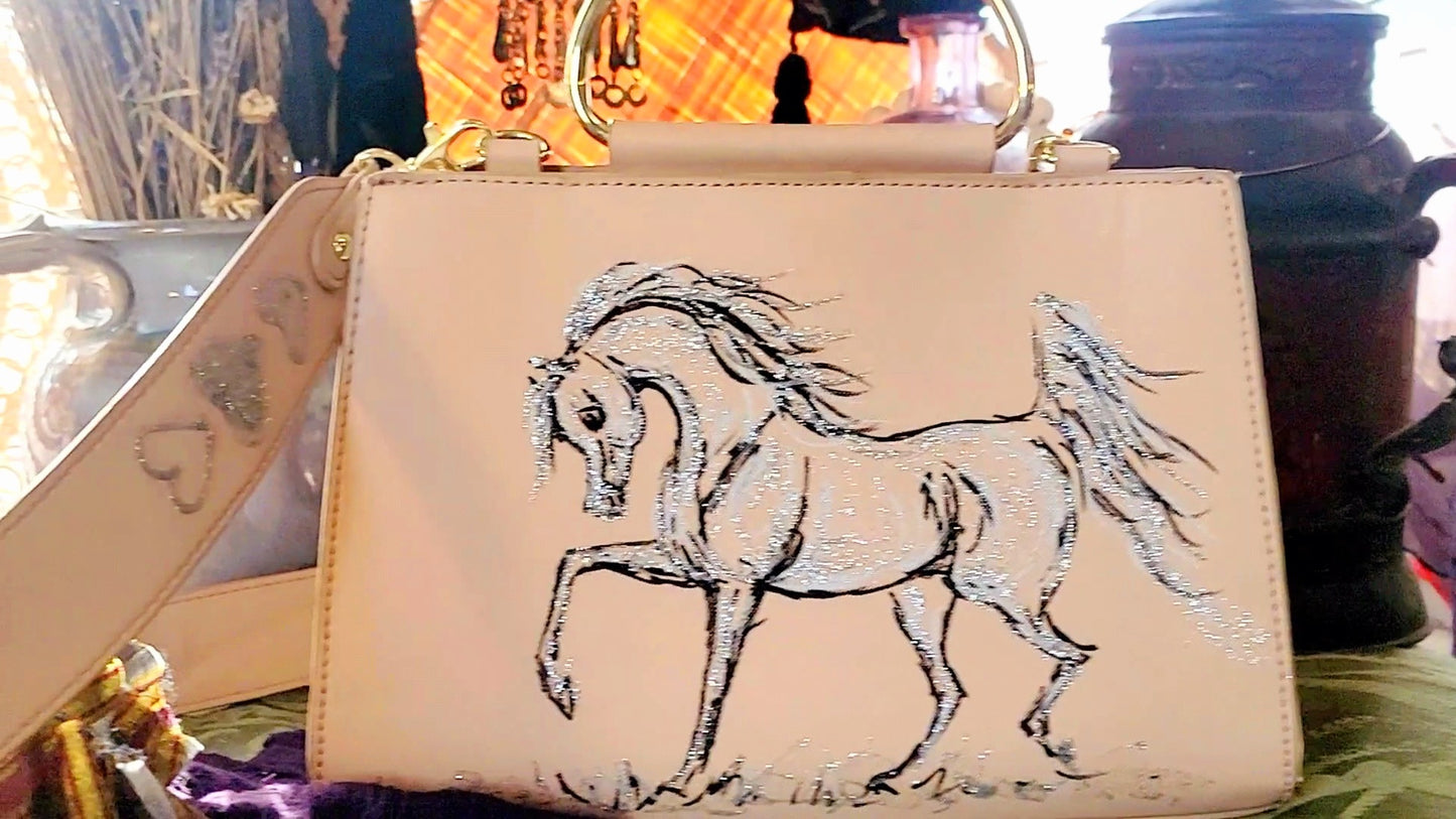 Cute Arabian Horse hand painted  upcycled pink structured handbag