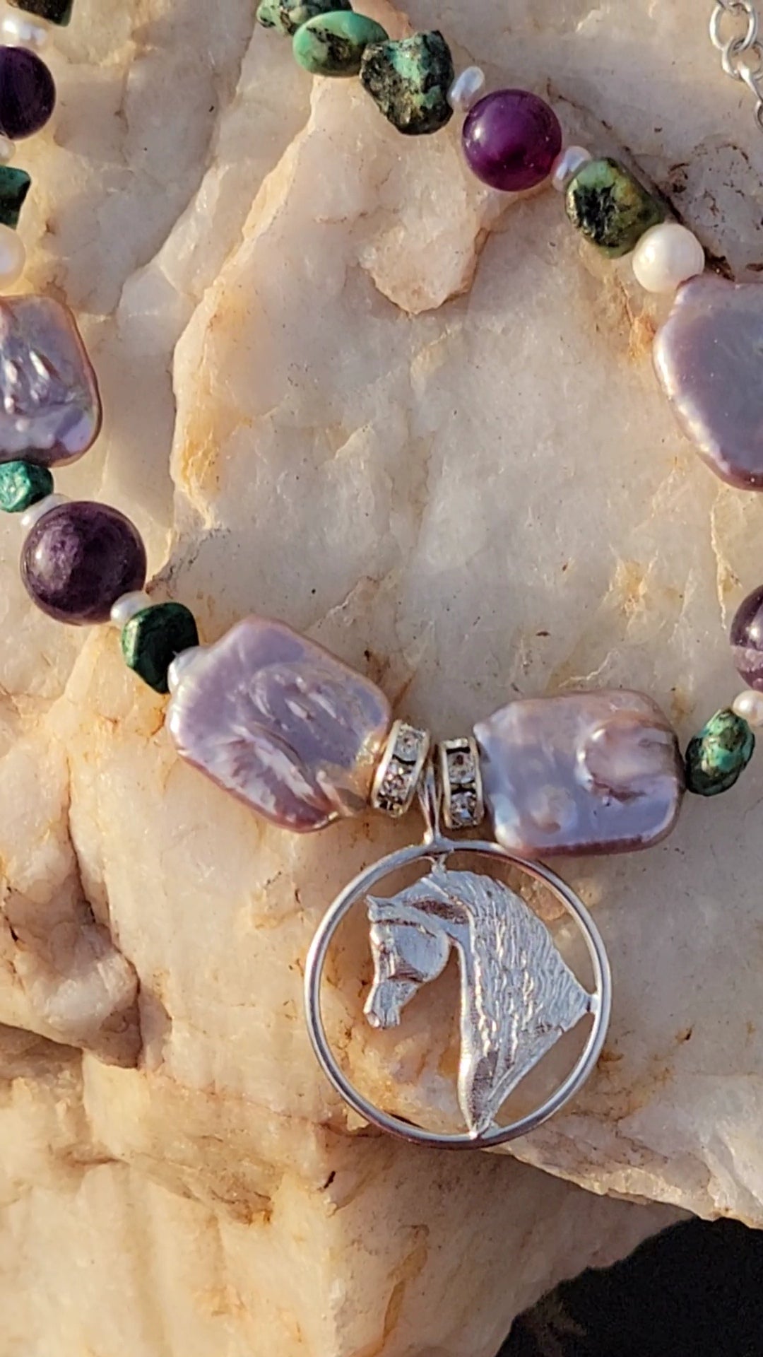 Arabian Horse Circle Adjustable Necklace Amethyst and Turquoise gemstone and sterling silver