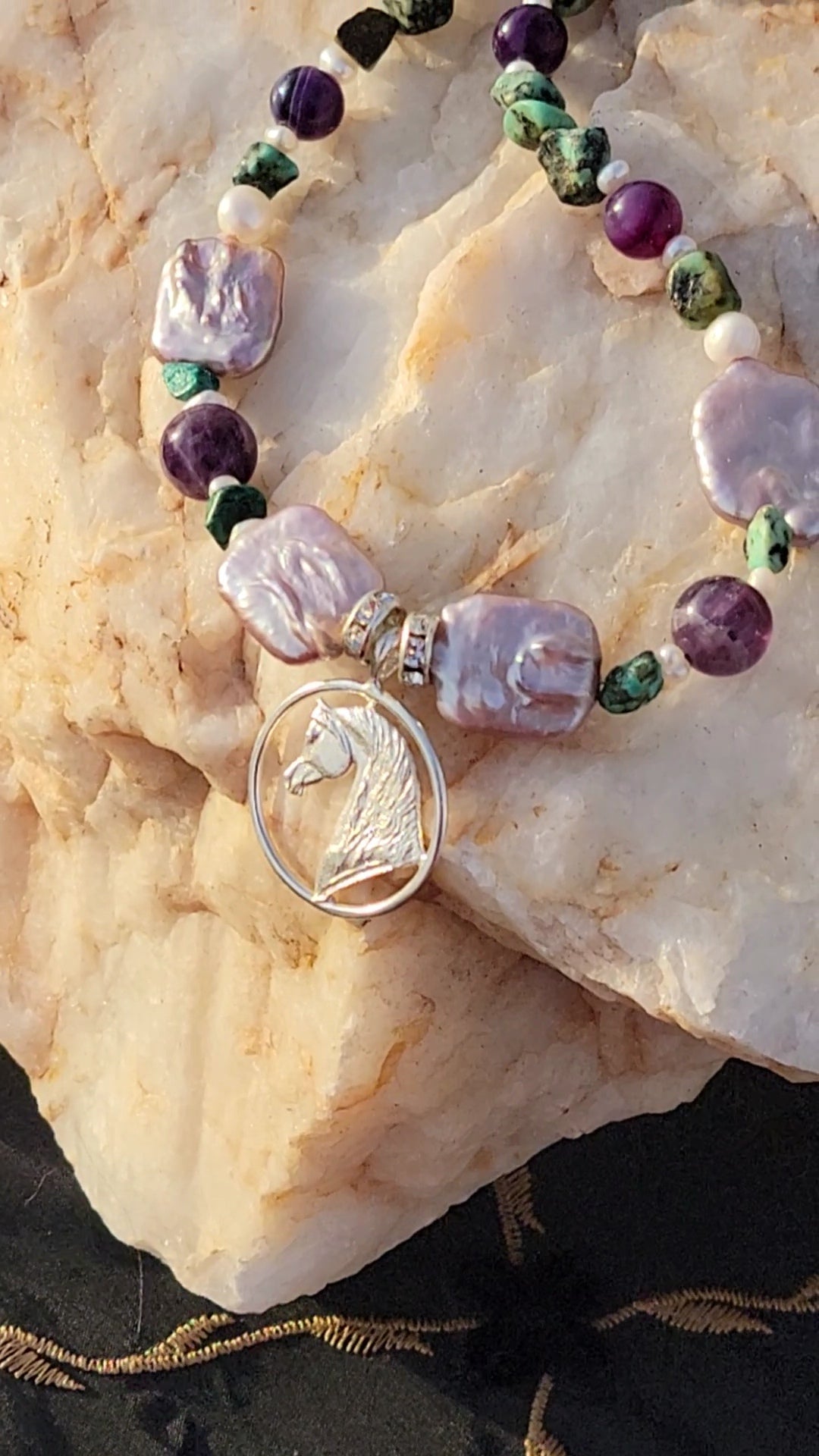 Arabian Horse Circle Adjustable Necklace Amethyst and Turquoise gemstone and sterling silver