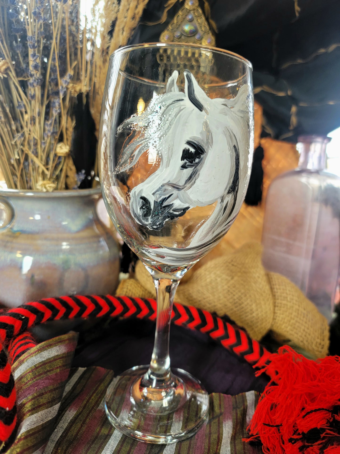 Pair of Grey Hand Painted Arabian Horse Wine Glasses
