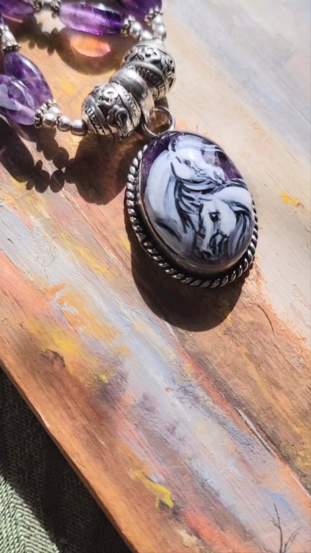 Hand Painted Arabian horse Amethyst necklace in sterling silver