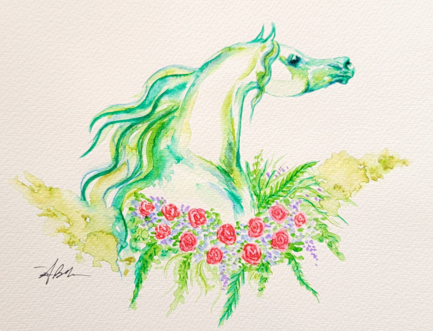 Arabian Horse floral watercolor painting