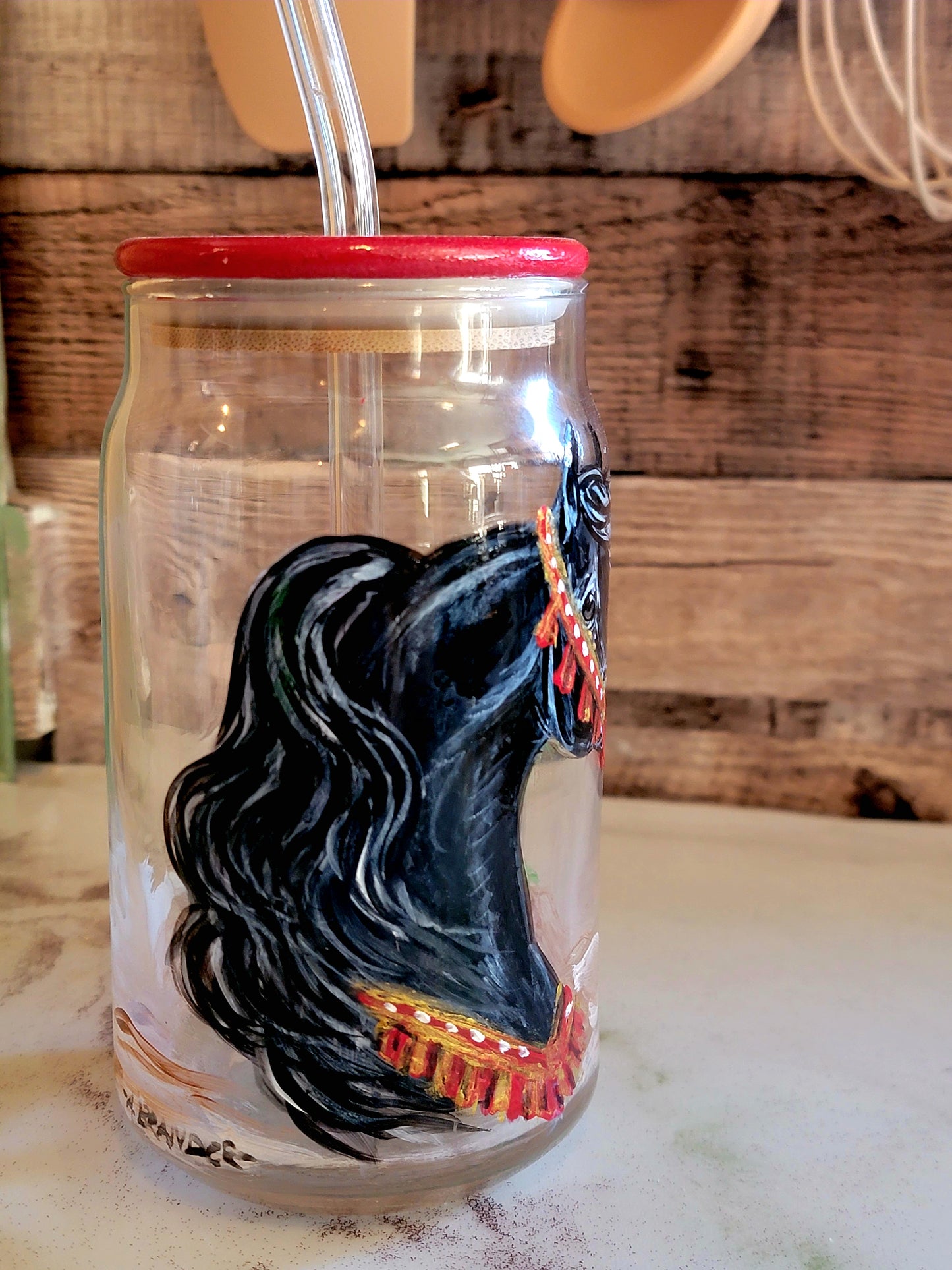 Pair of Hand Painted Arabian Horse glass Mason Jar Tumblers