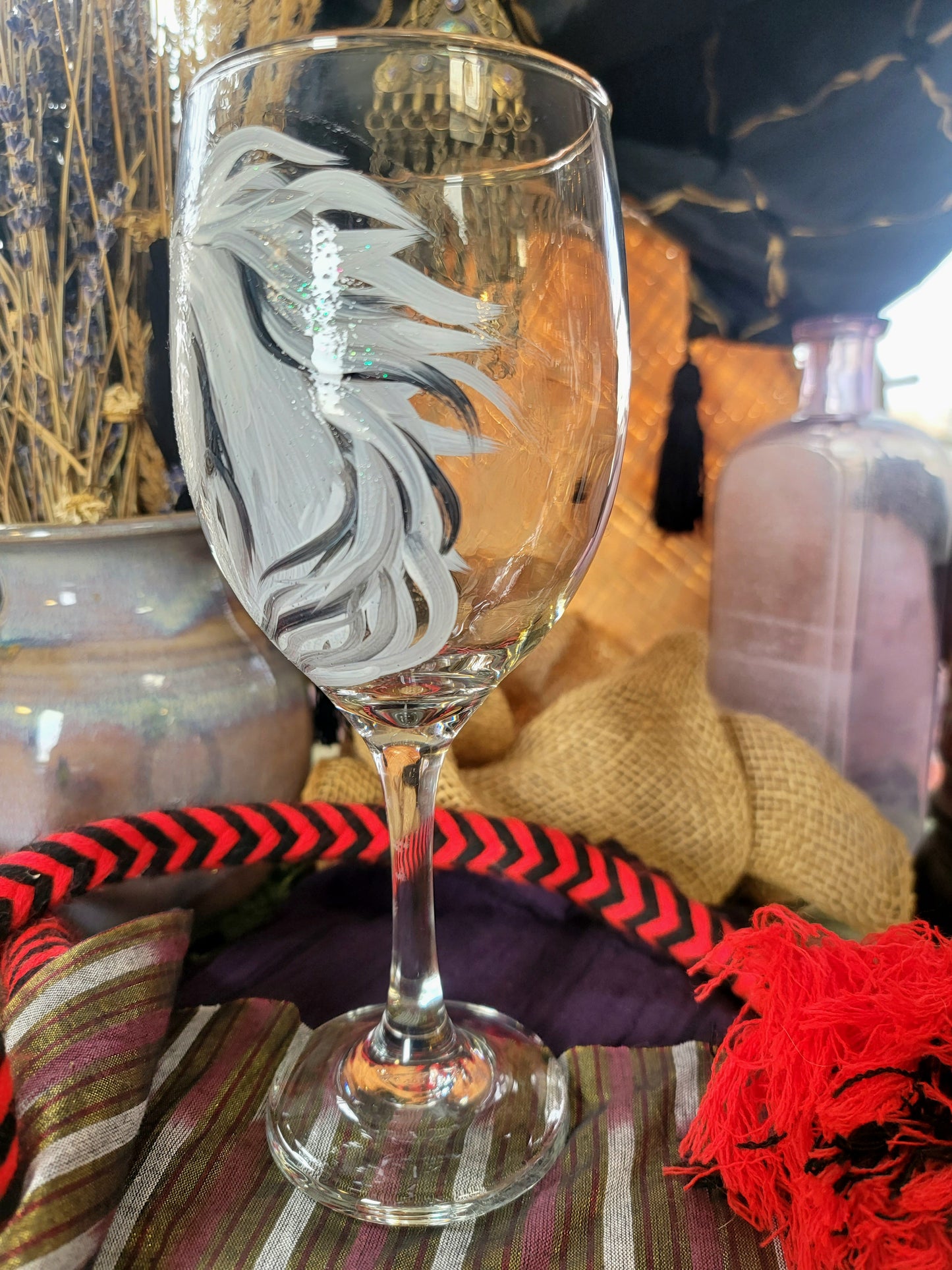 Pair of Grey Hand Painted Arabian Horse Wine Glasses