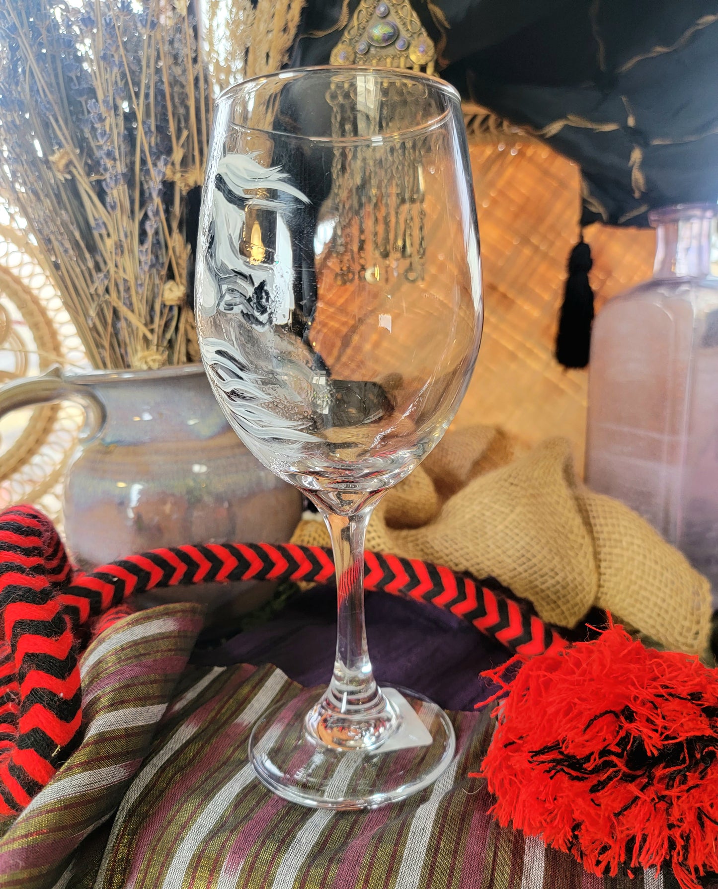 Pair of Grey Hand Painted Arabian Horse Wine Glasses