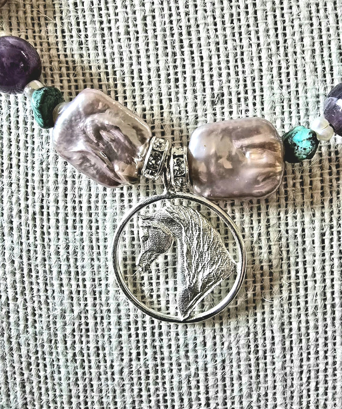 Arabian Horse Circle Adjustable Necklace Amethyst and Turquoise gemstone and sterling silver