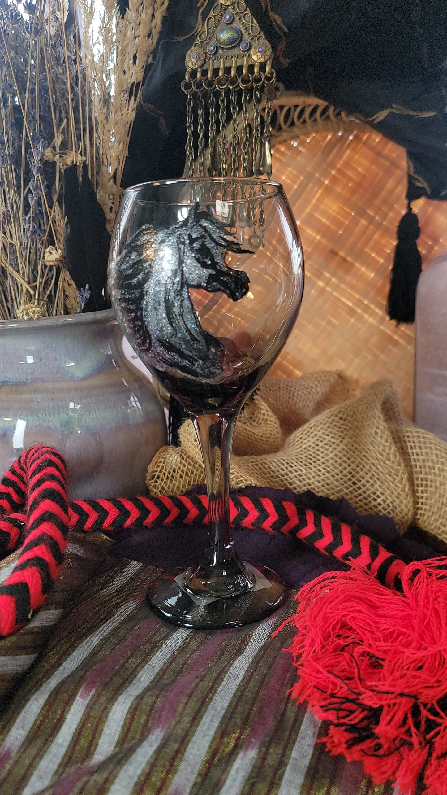 Arabian Horse Silver Sparkle Hand Painted Wine Glass