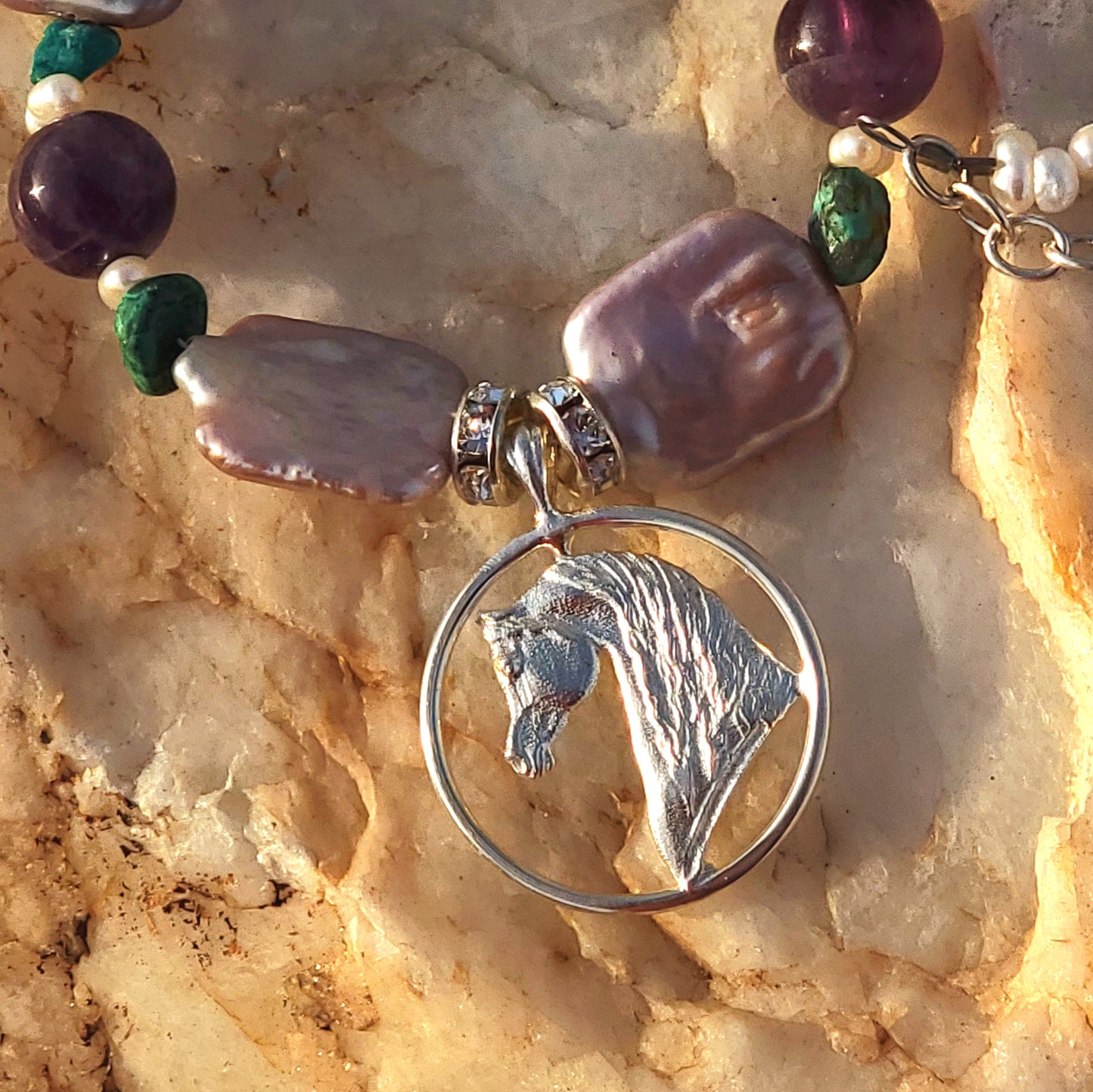 Arabian Horse Circle Adjustable Necklace Amethyst and Turquoise gemstone and sterling silver