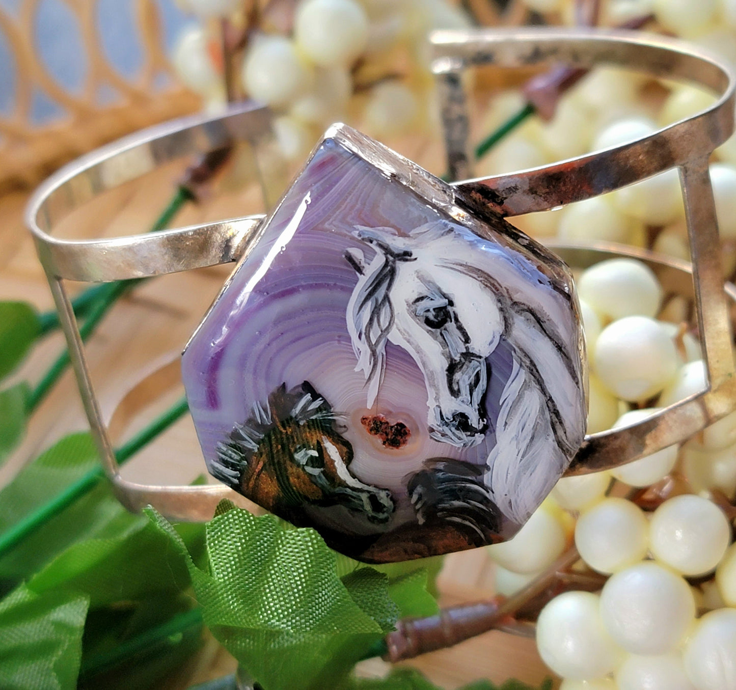 Hand Painted Purple banded agate with Arabian Mare and Foal Sterling Silver