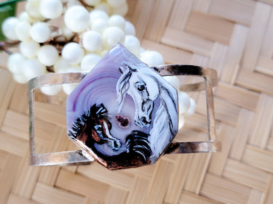 Hand Painted Purple banded agate with Arabian Mare and Foal Sterling Silver