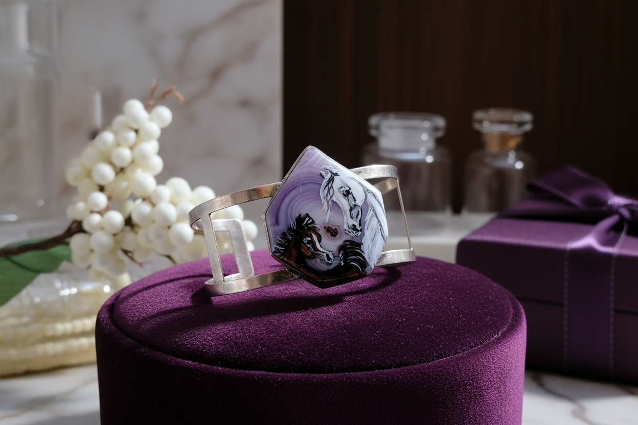 Hand Painted Purple banded agate with Arabian Mare and Foal Sterling Silver