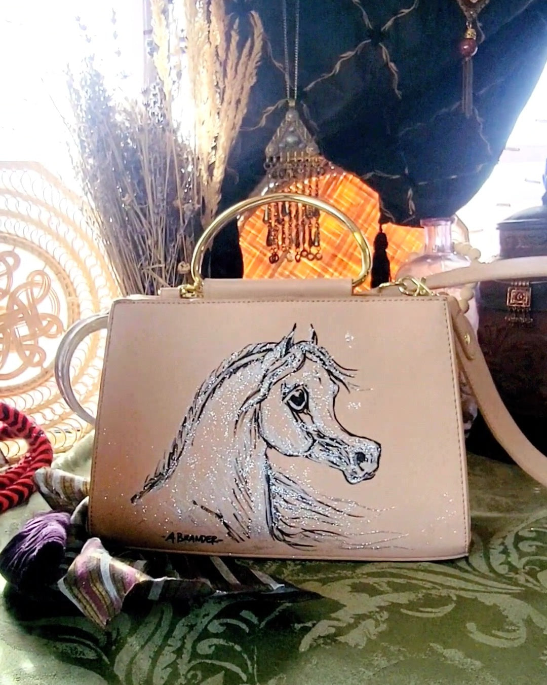Cute Arabian Horse hand painted  upcycled pink structured handbag