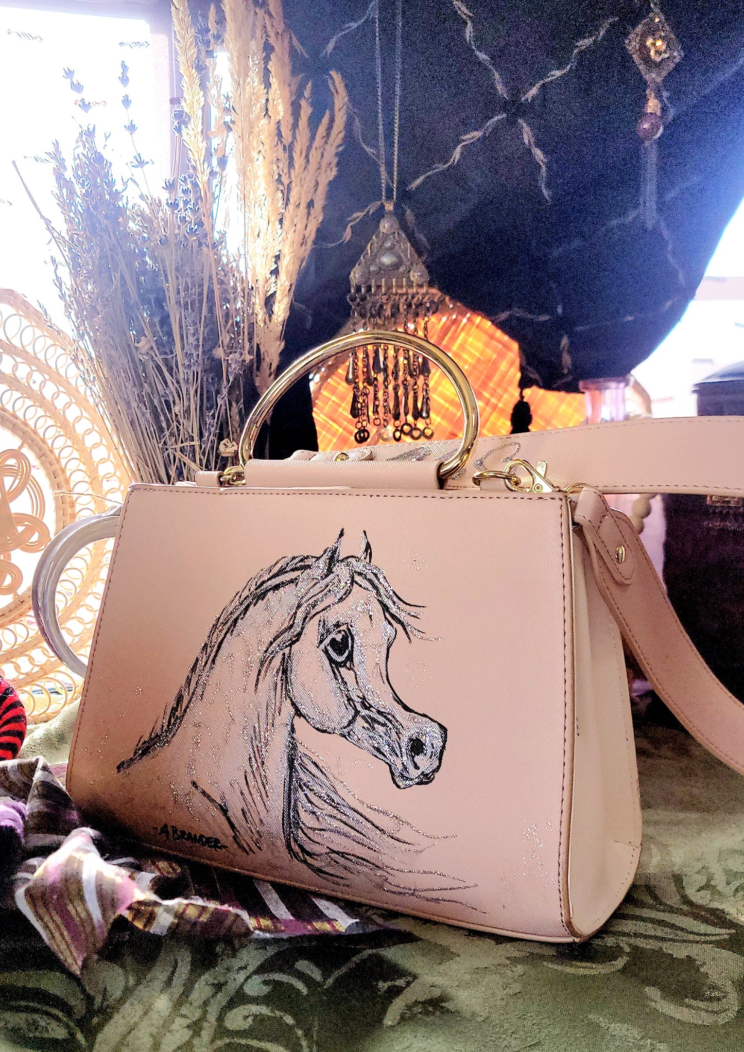 Cute Arabian Horse hand painted  upcycled pink structured handbag
