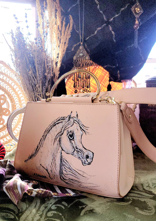 Cute Arabian Horse hand painted  upcycled pink structured handbag