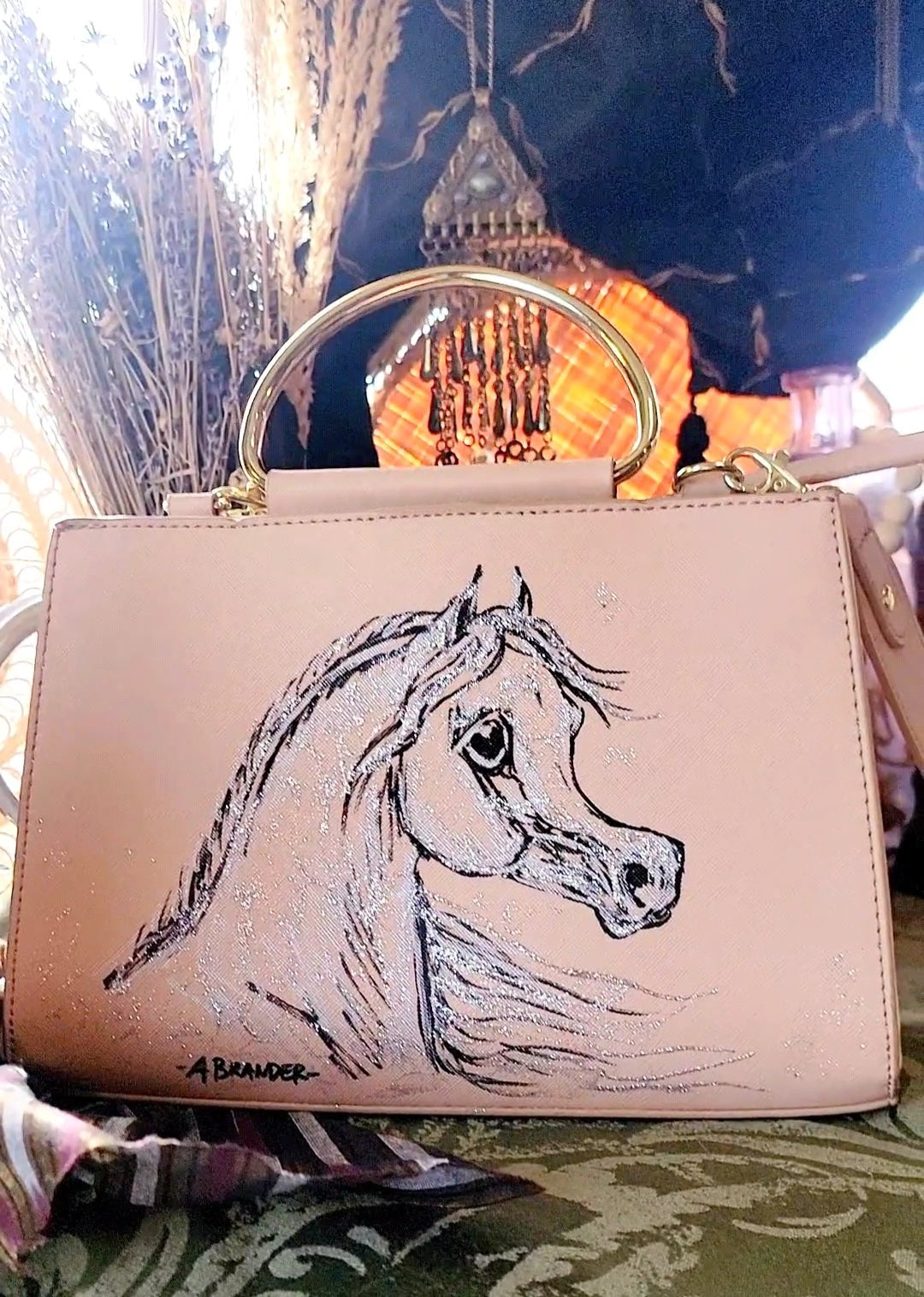 Cute Arabian Horse hand painted  upcycled pink structured handbag