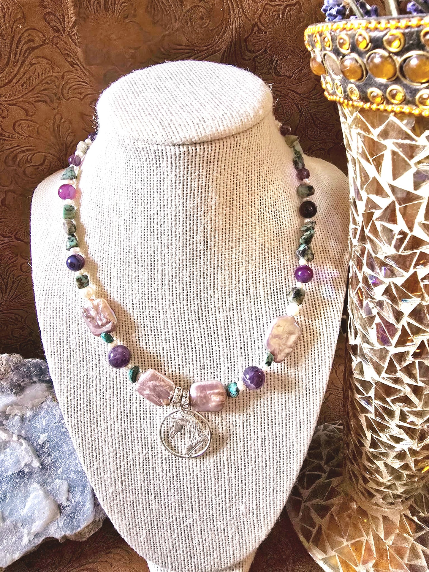 Arabian Horse Circle Adjustable Necklace Amethyst and Turquoise gemstone and sterling silver