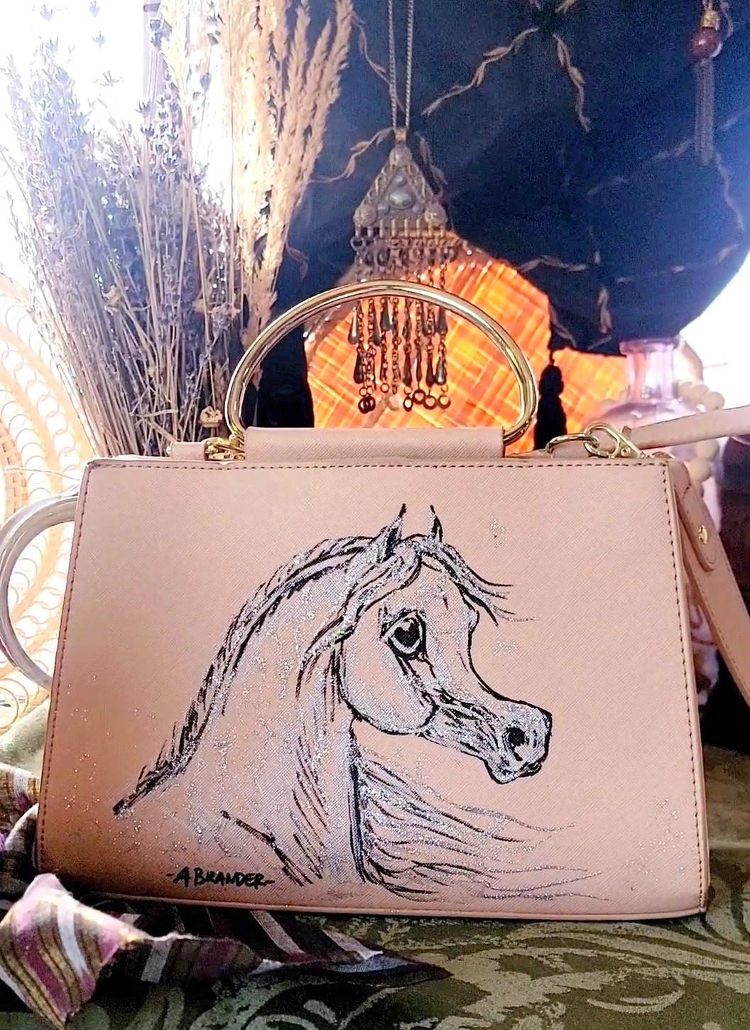 Cute Arabian Horse hand painted  upcycled pink structured handbag