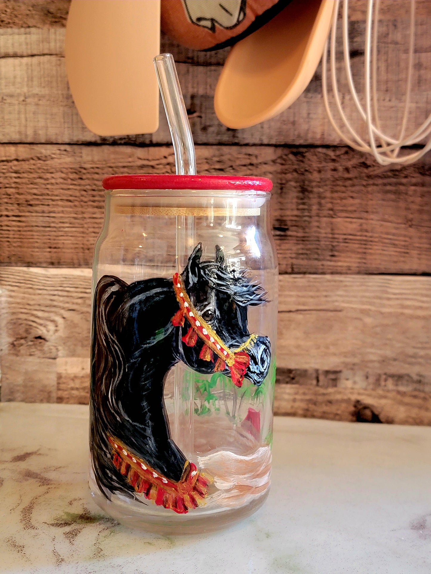 Pair of Hand Painted Arabian Horse glass Mason Jar Tumblers