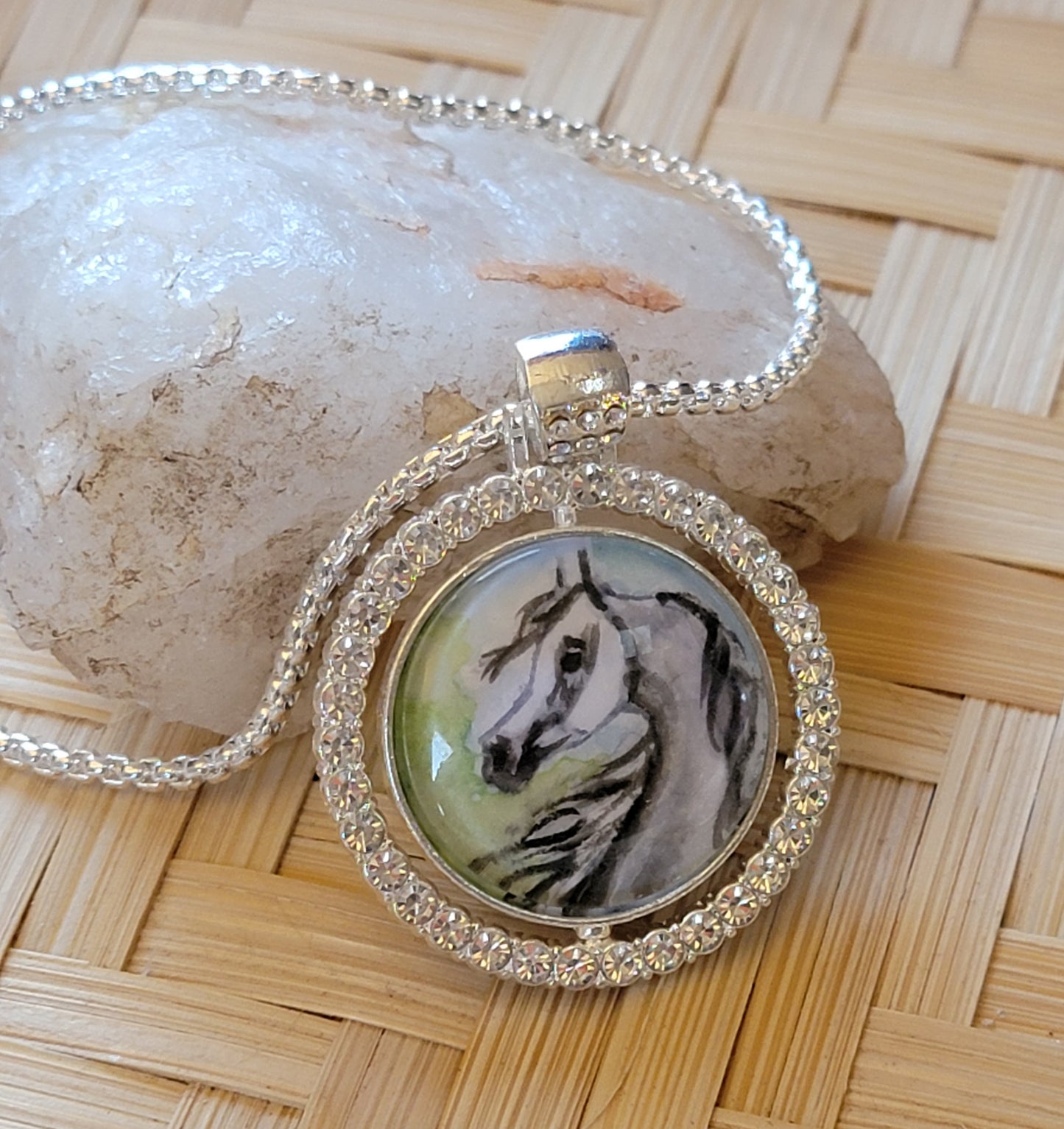 Spinning Arabian Horse Watercolor Rhinestone Necklace