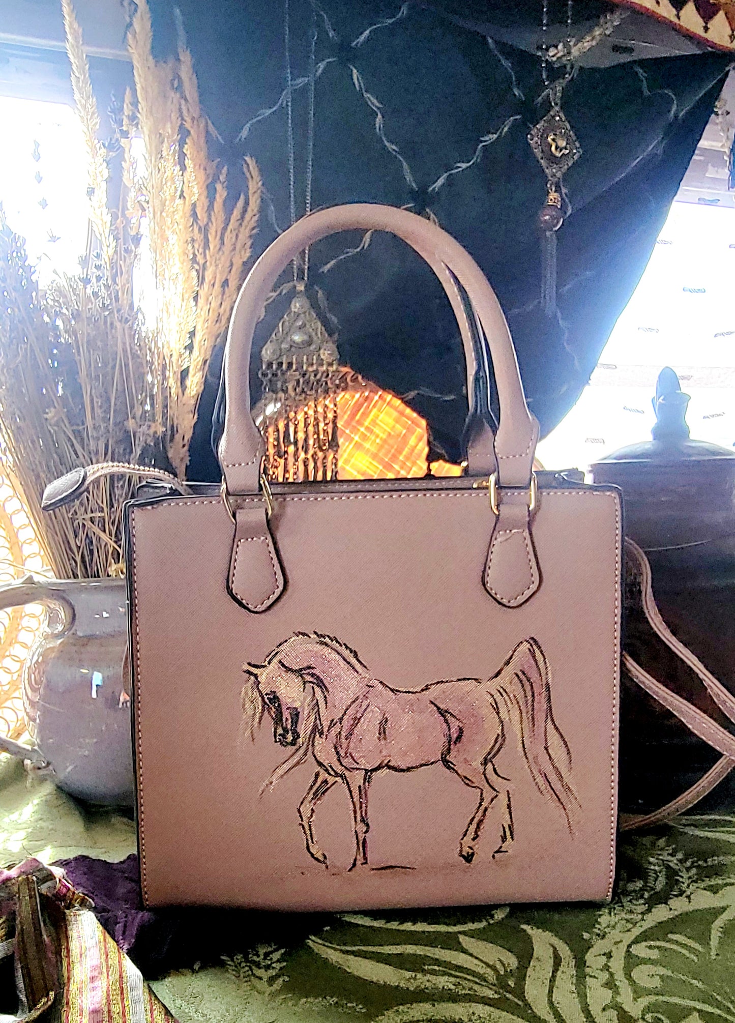 Dusty Pink Arabian Horse hand painted hand bag