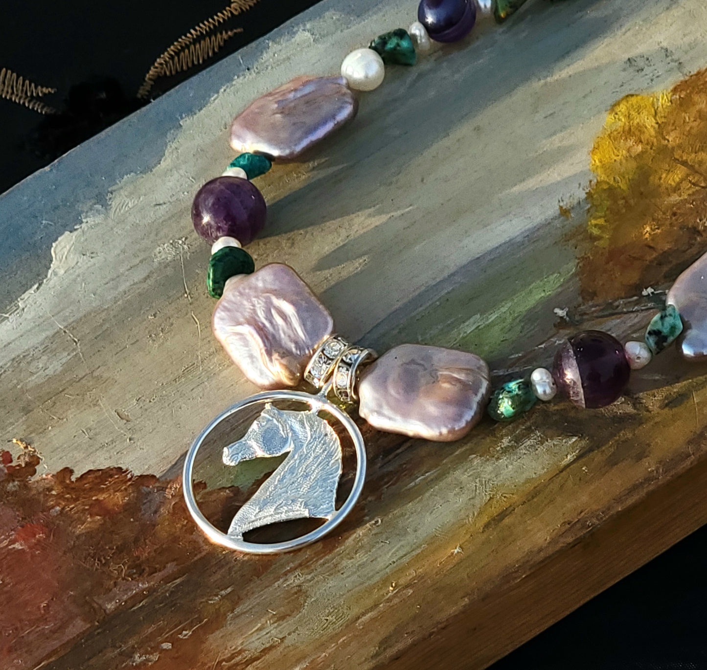 Arabian Horse Circle Adjustable Necklace Amethyst and Turquoise gemstone and sterling silver