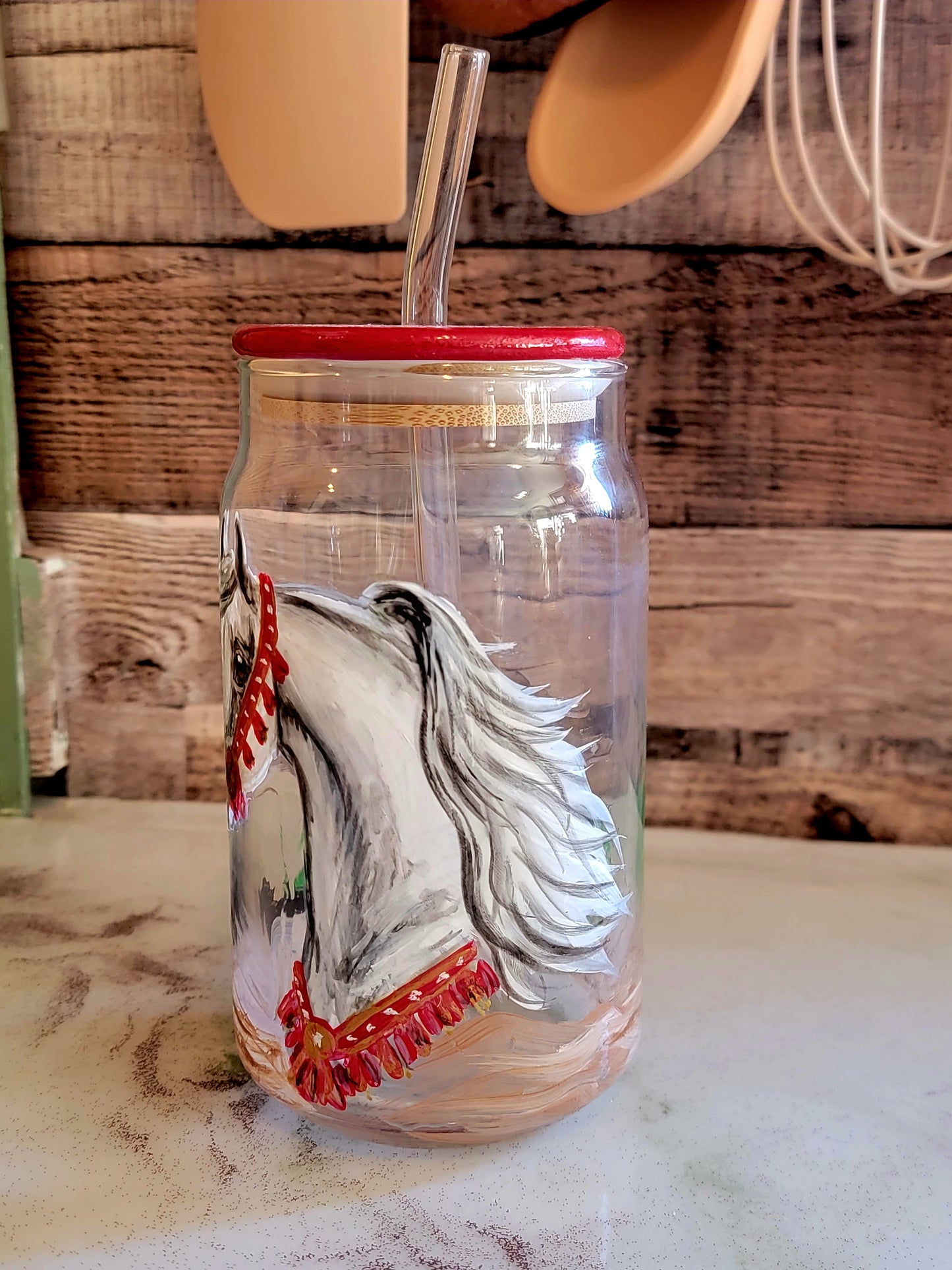 Pair of Hand Painted Arabian Horse glass Mason Jar Tumblers