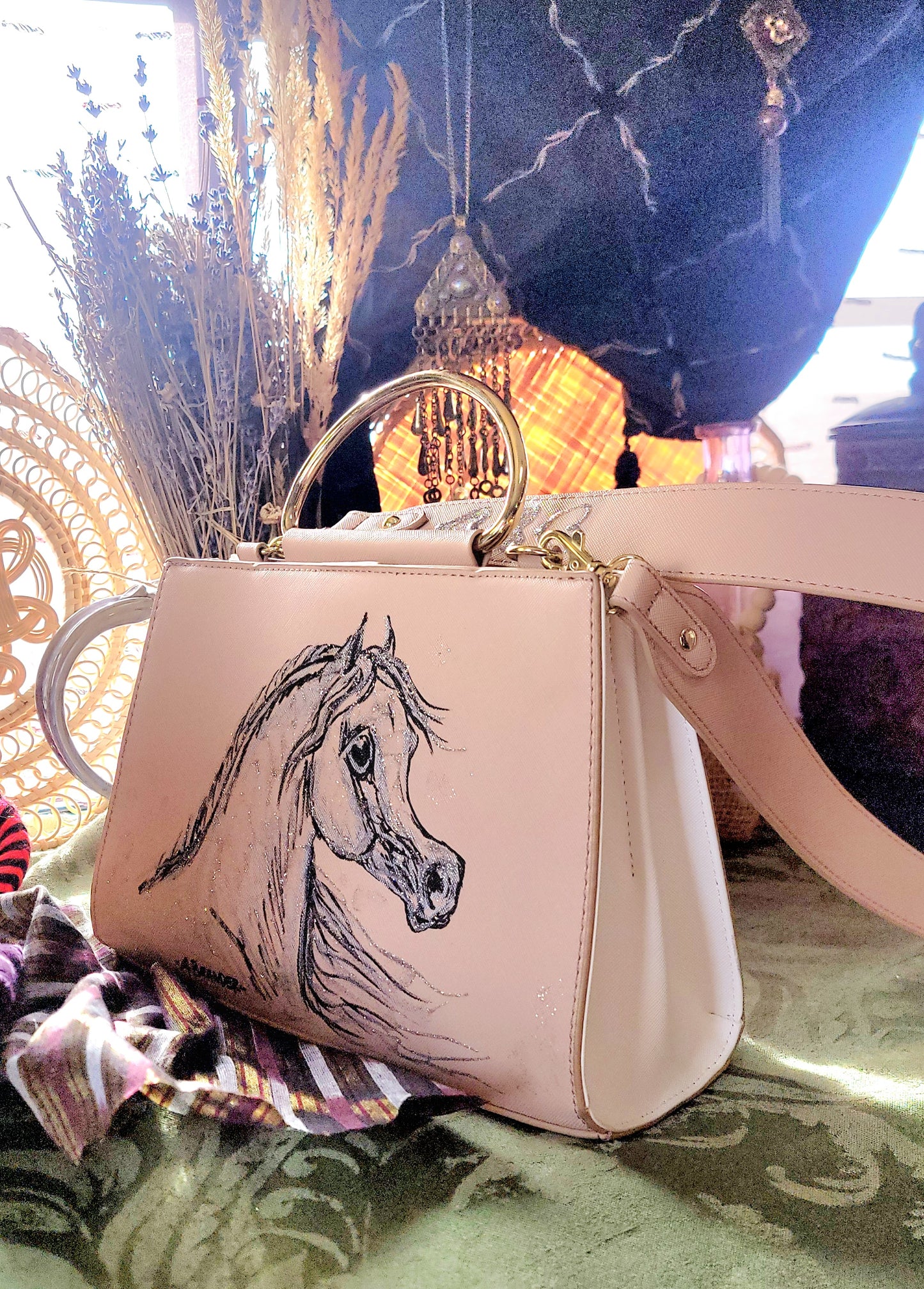 Cute Arabian Horse hand painted  upcycled pink structured handbag
