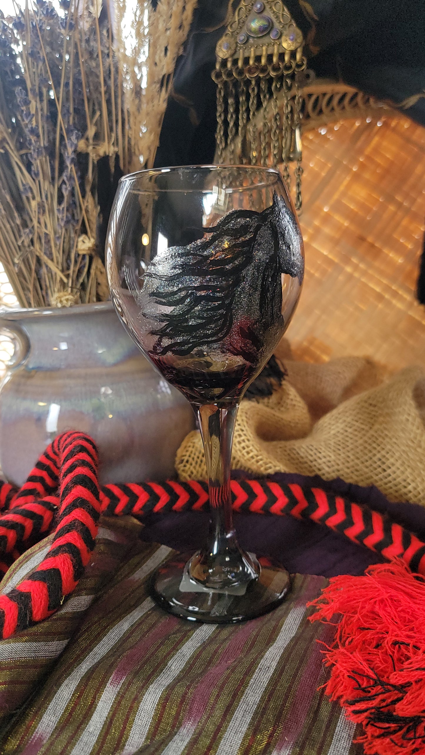 Arabian Horse Silver Sparkle Hand Painted Wine Glass