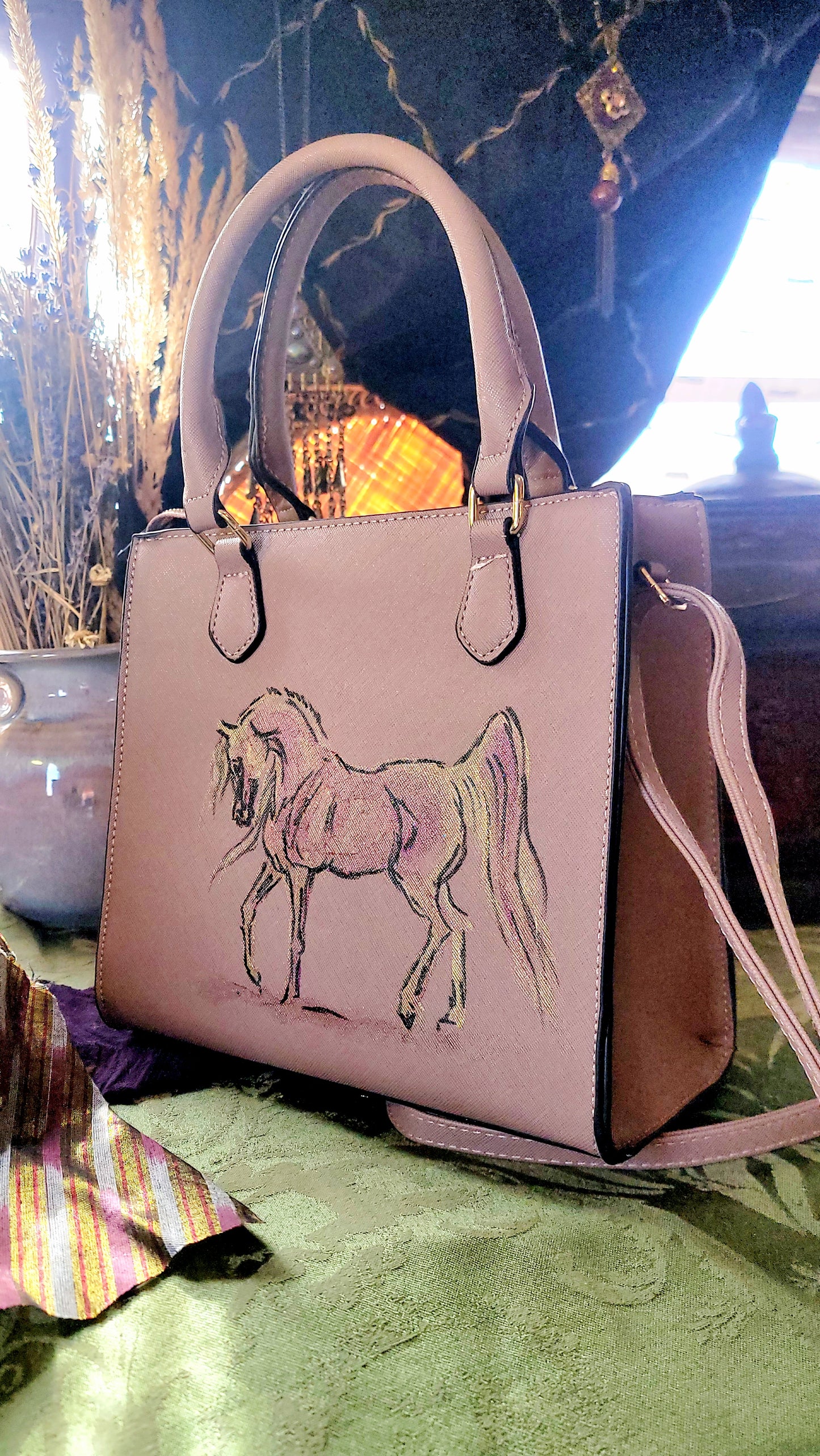 Dusty Pink Arabian Horse hand painted hand bag
