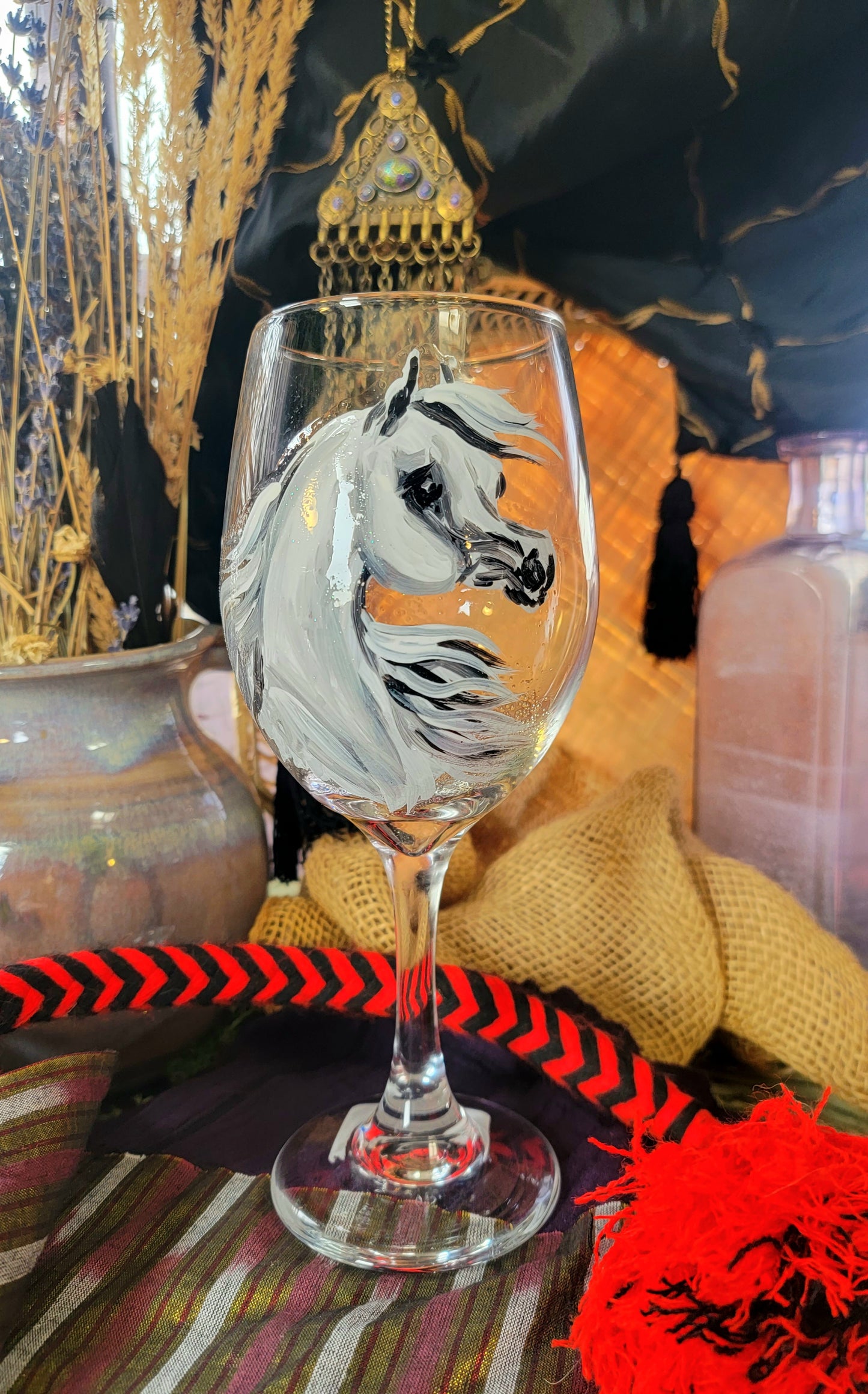 Pair of Grey Hand Painted Arabian Horse Wine Glasses