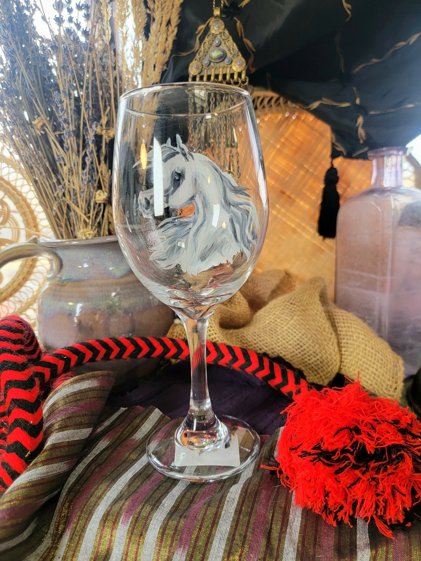 Pair of Grey Hand Painted Arabian Horse Wine Glasses