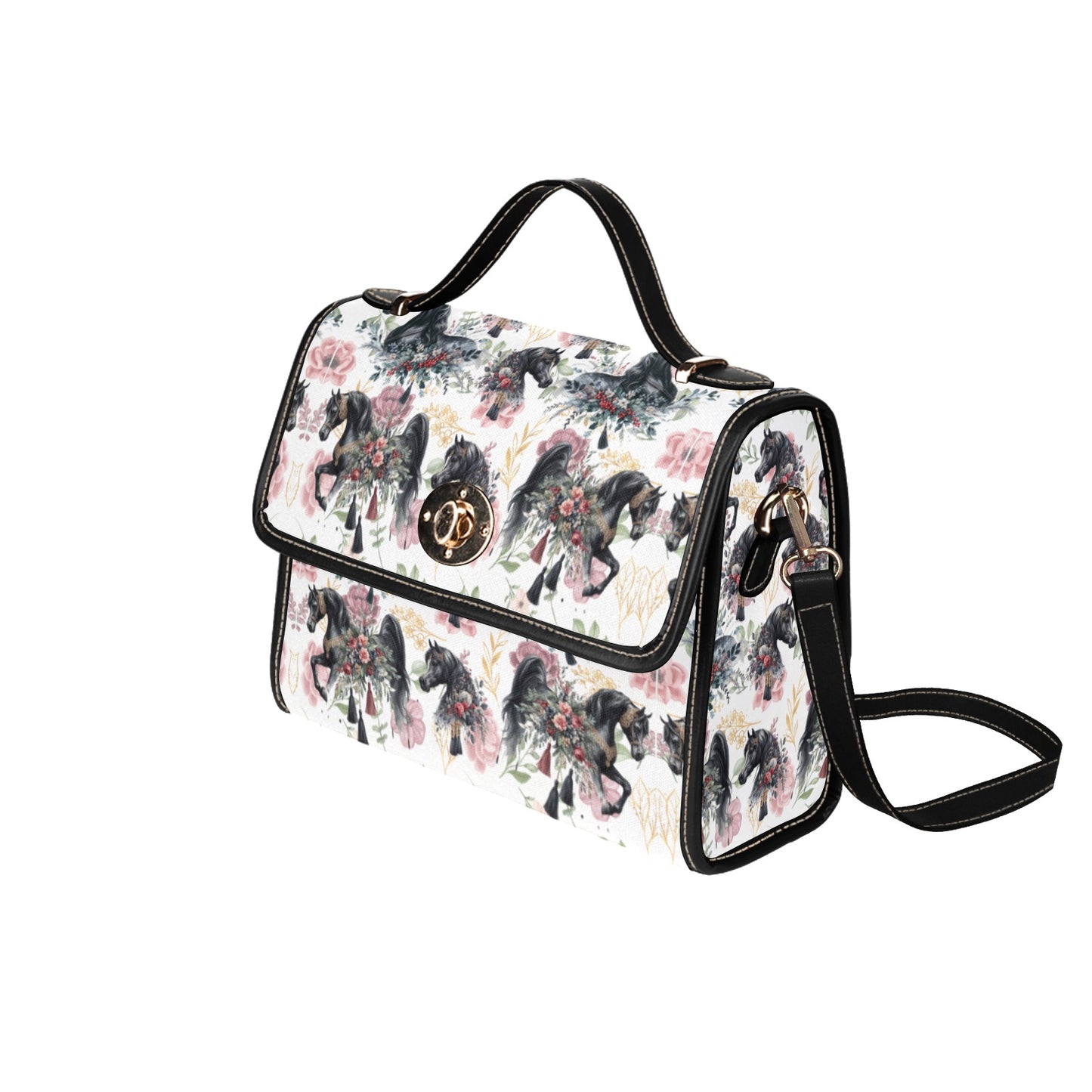 Black Arabian Horse White Spring Handbag Waterproof Canvas Bag-Black