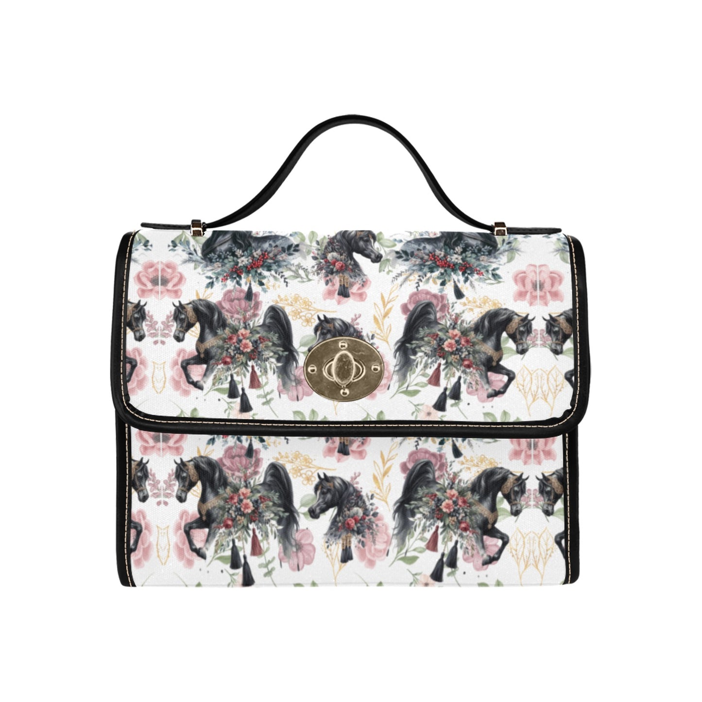 Black Arabian Horse White Spring Handbag Waterproof Canvas Bag-Black