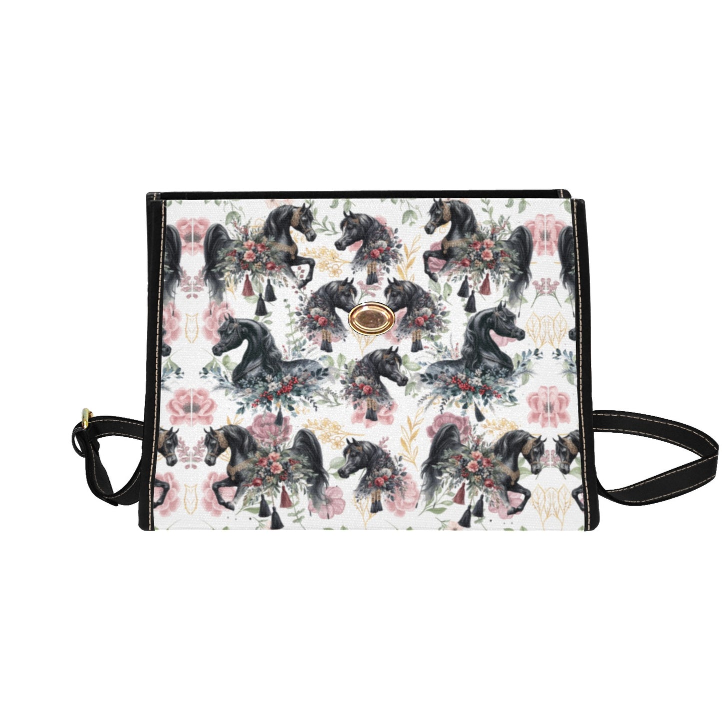 Black Arabian Horse White Spring Handbag Waterproof Canvas Bag-Black