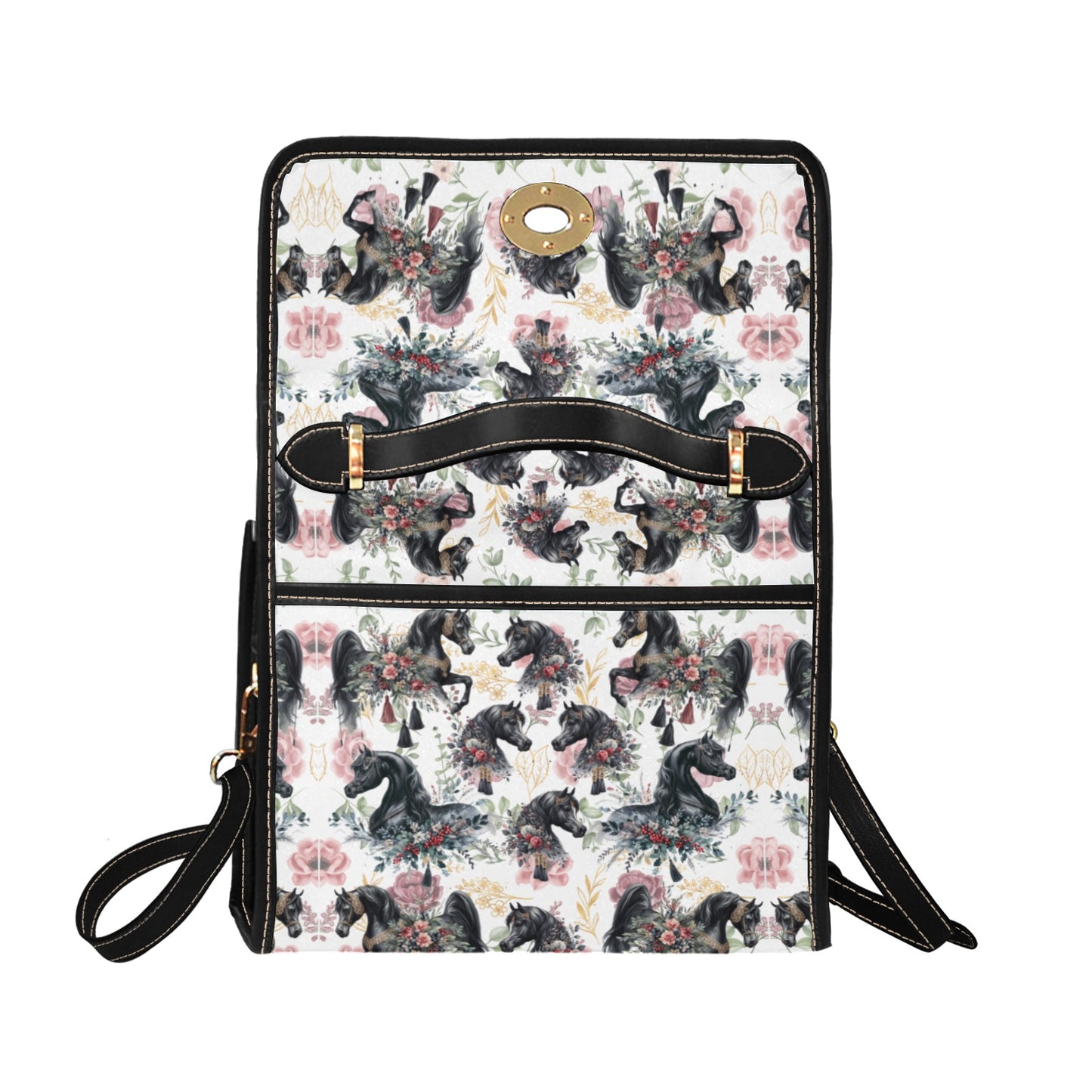 Black Arabian Horse White Spring Handbag Waterproof Canvas Bag-Black