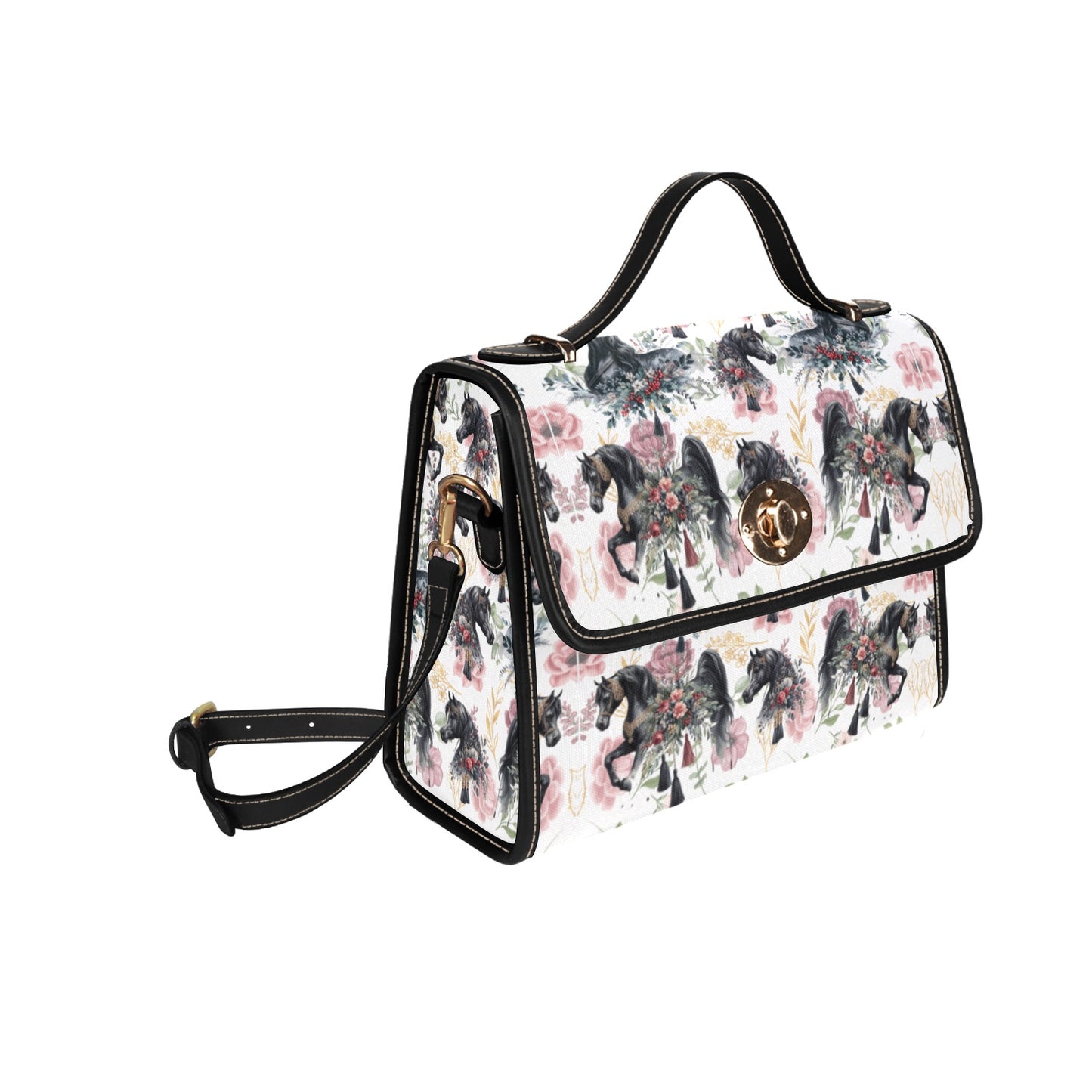 Black Arabian Horse White Spring Handbag Waterproof Canvas Bag-Black